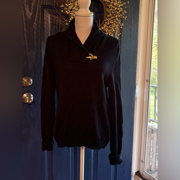 LAUREN RALPH LAUREN SWEATER BLACK COTTON KNIT SHAWL COLLAR WOMEN'S SIZE M - Picture 1 of 12